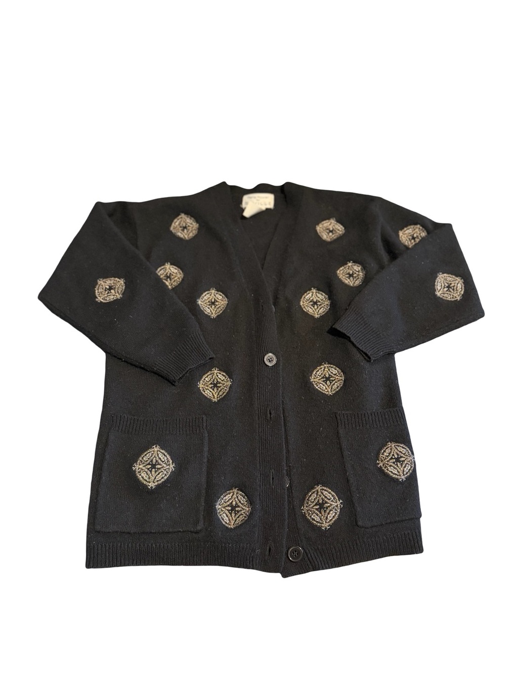 Vintage Rena Rowan Black Cardigan with Embroidered Medallions